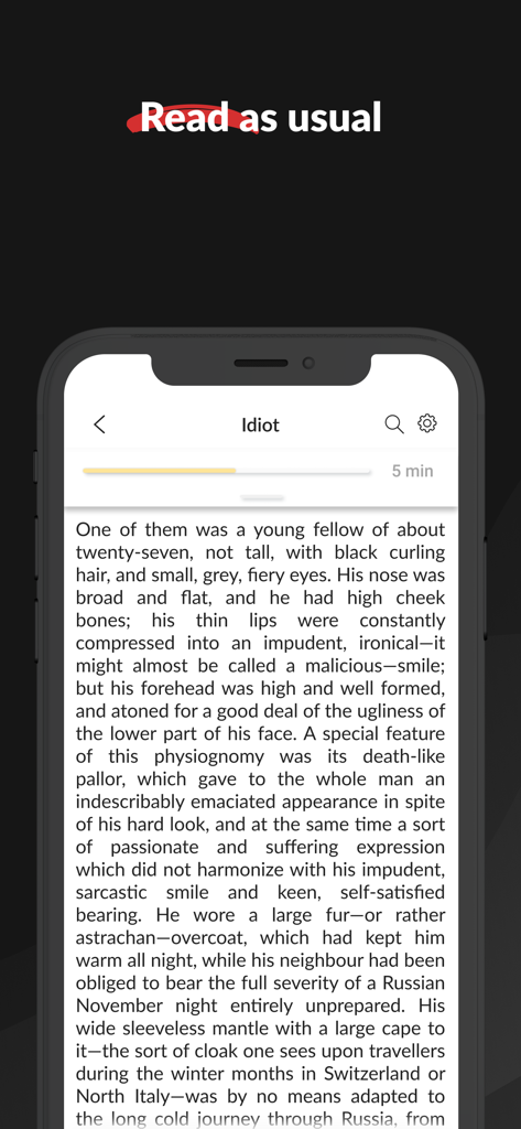 Speed reading: Book reader app - Pantalla de smartphone que muestra la aplicación Wordex en modo de lectura tradicional con un libro abierto.