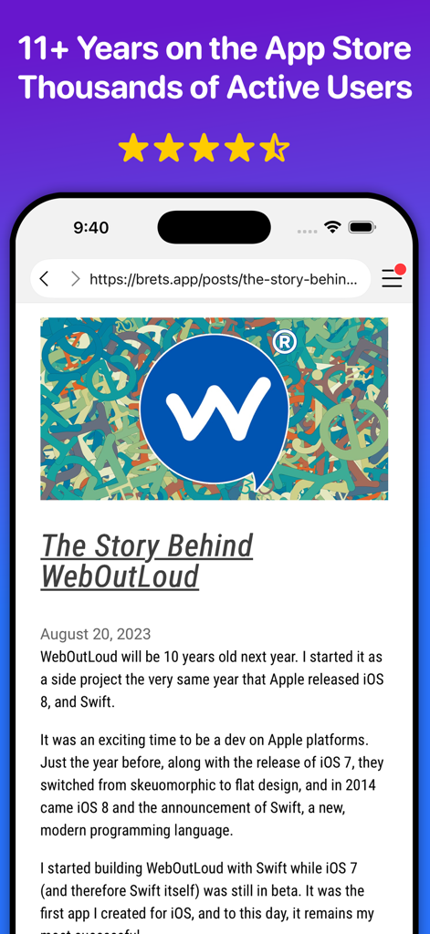 WebOutLoudアプリインターフェース。5つ星評価とApp Storeでの11年以上の実績を表示