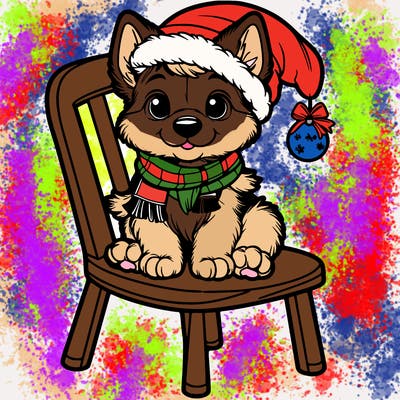 a christmas baby german shepherd sitting on a chair