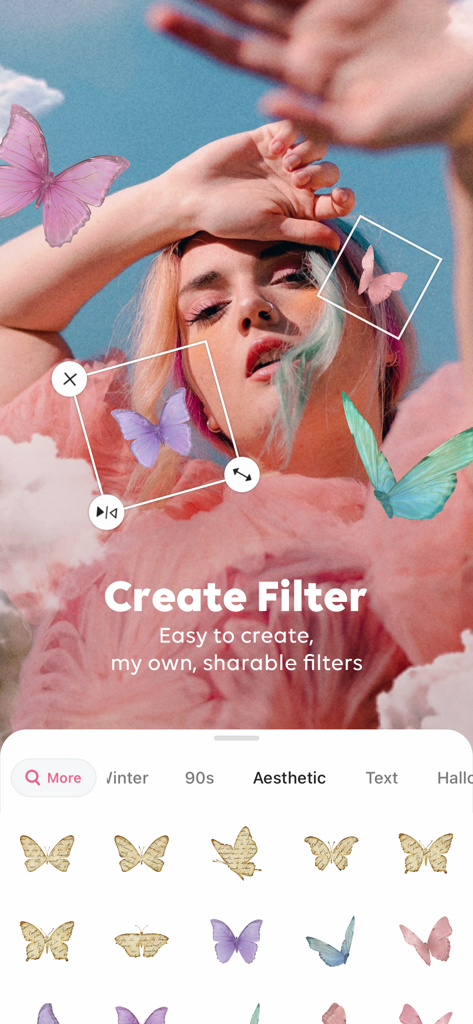 B612アプリのインターフェース、芸術的な蝶のステッカーでカスタムフィルターを作成する方法を表示