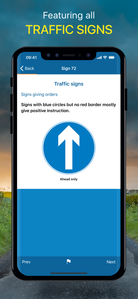 A screenshot of the Highway Code 2025 app showing an ahead only traffic sign and its description