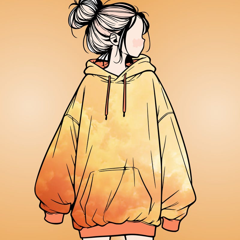 realistic girl with a oversized sweatshirt on and a bun