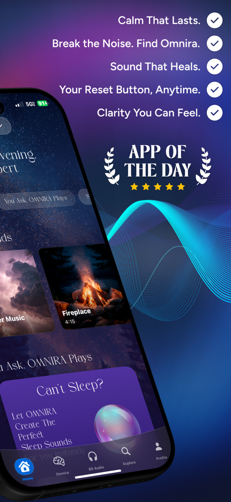 Omnira: Focus & Sleep Sounds - A screenshot of the Omnira app interface featuring focus and sleep sounds with an App of the Day award badge and key value propositions like sound that heals and mental clarity.