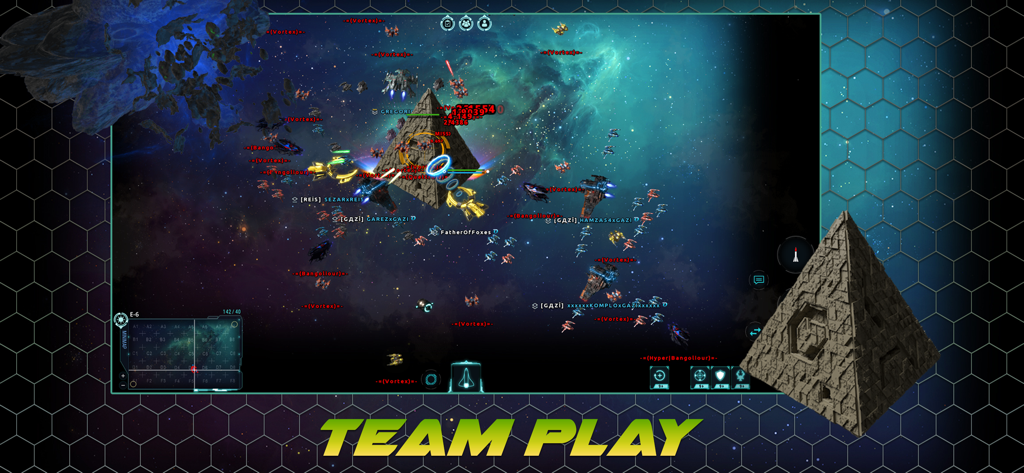 WarUniverse - A massive multiplayer space battle in WarUniverse featuring fleets of ships attacking a giant pyramid structure during team play