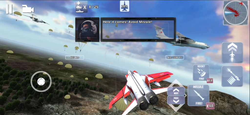 Jogabilidade de FoxOne Special Missions mostrando um caça desviando de mísseis durante uma missão aérea.