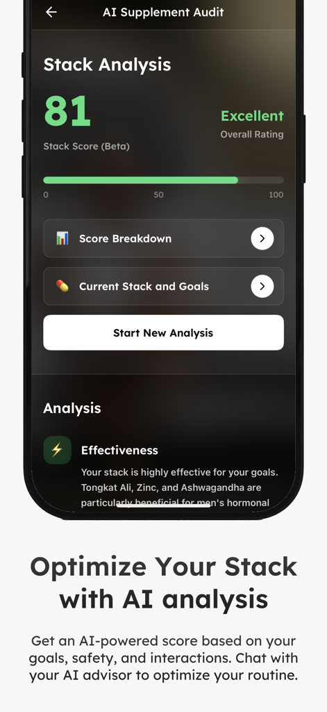 SuppMate - Supplement Tracker - Bildschirm der SuppMate-App, der eine KI-gestützte Analyse des Nahrungsergänzungsmittel-Stacks mit einer Gesamtnote von „Ausgezeichnet“ und spezifischen Einblicken zur Wirksamkeit anzeigt.