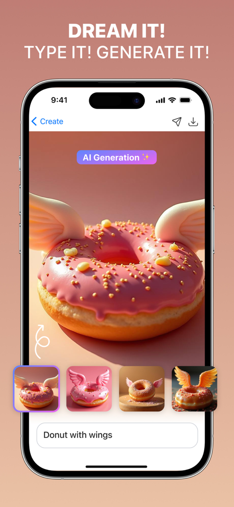 Monet AI - Fix Photo & Enhance - Interfaz de la aplicación Monet AI que muestra un donut rosa generado por IA con alas a partir de una indicación de texto.