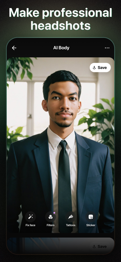 AI Boost app interface showing a professional headshot of a man wearing a business suit and tie