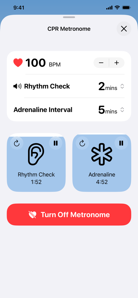CICU Genie - A interface do Metrônomo de RCP do aplicativo CICU Genie mostrando 100 BPM e cronômetros para verificações de ritmo e adrenalina.