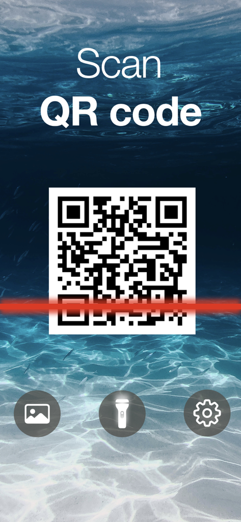 Interface of the Scan QR Code and Barcode app showing a QR code being scanned with a red laser line on an underwater background