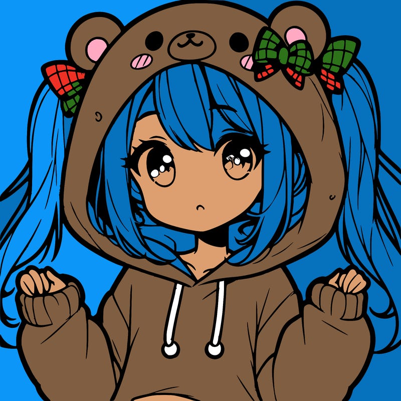 cute anime girl with ponytails and a cute bear hoodie