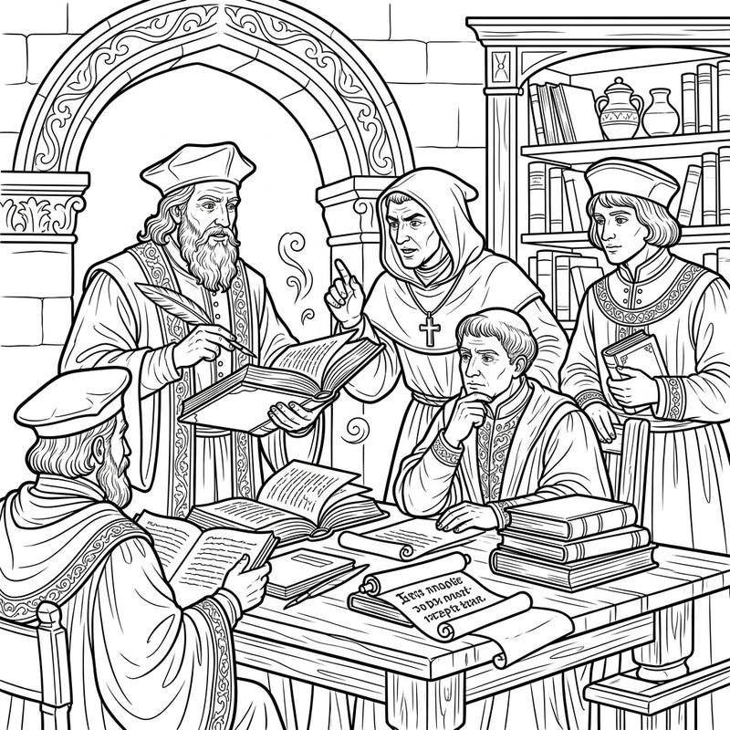 Immerse yourself in the intellectual world of Renaissance theologians with this captivating coloring page. Discover scholars deep in study and debate, bringing history to life with your vibrant colors.