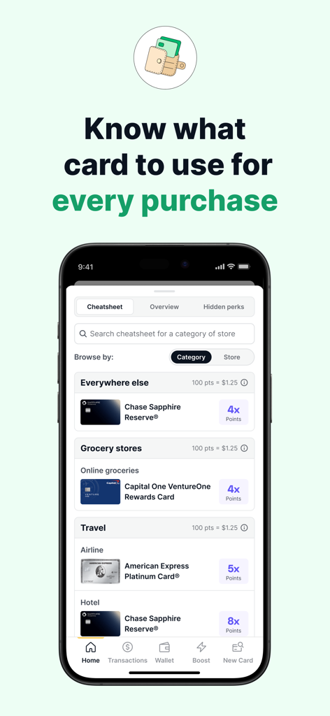 Kudos app interface showing a rewards cheatsheet for maximizing credit card points by purchase category