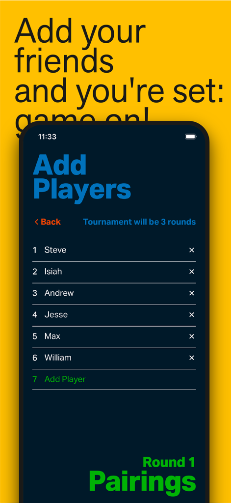Swiss Rounds - Capture d'écran d'un iPhone montrant l'écran Ajouter des joueurs dans l'application d'organisation de tournois Swiss Rounds.