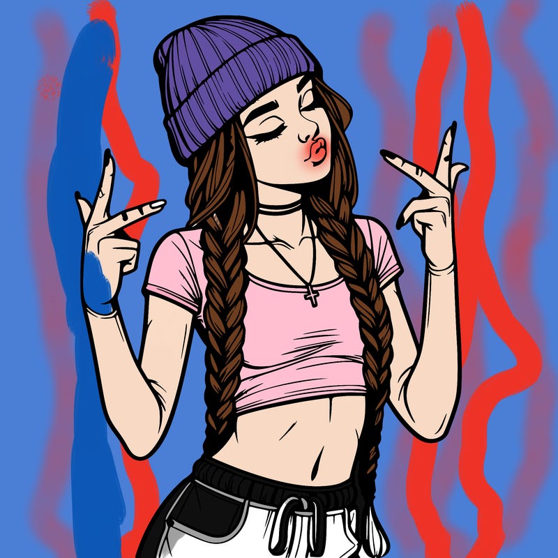 realistic teenage girl with braids and a beanie and crop top doing 🫶🏼