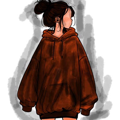 realistic girl with a oversized sweatshirt on and a bun