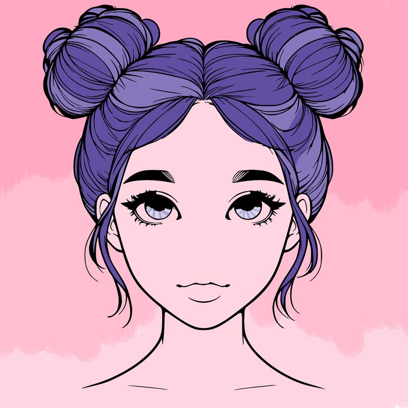 realistic girl with two buns on top of her head