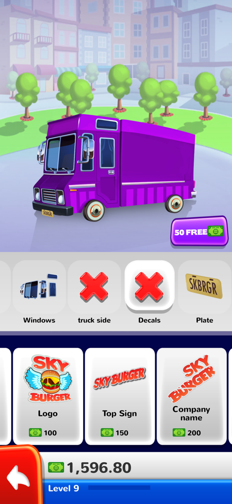 Sky Burger - A purple food truck customization screen in the Sky Burger game showing options for logos and decals