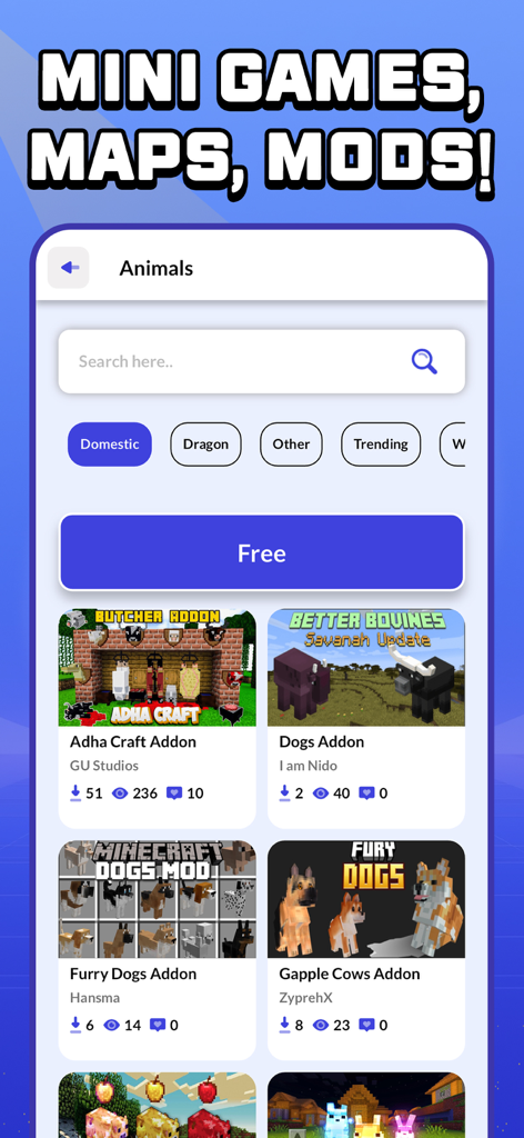 CraftyBox Addon World for MCPE - CraftyBox app interface showing various animal addons for Minecraft PE including dog and cow mods
