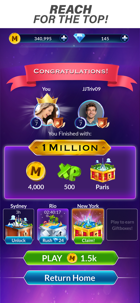 A victory screen in the Millionaire Trivia app showing a player winning one million and earning rewards including coins and city-themed gift boxes.