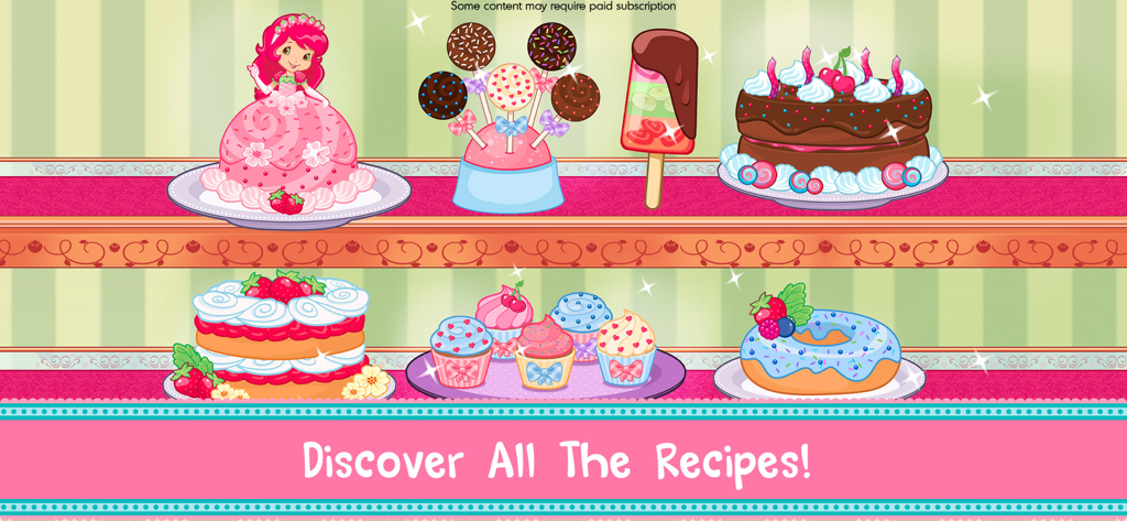 Strawberry Shortcake Bake Shop - Una collezione di dessert colorati tra cui una torta da principessa, cupcake e una ciambella dall'app Strawberry Shortcake Bake Shop.