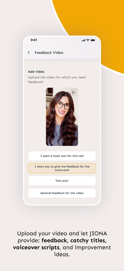 Transform the Day - Mobile app interface showing AI video feedback options for social media content including voice over and hook text suggestions