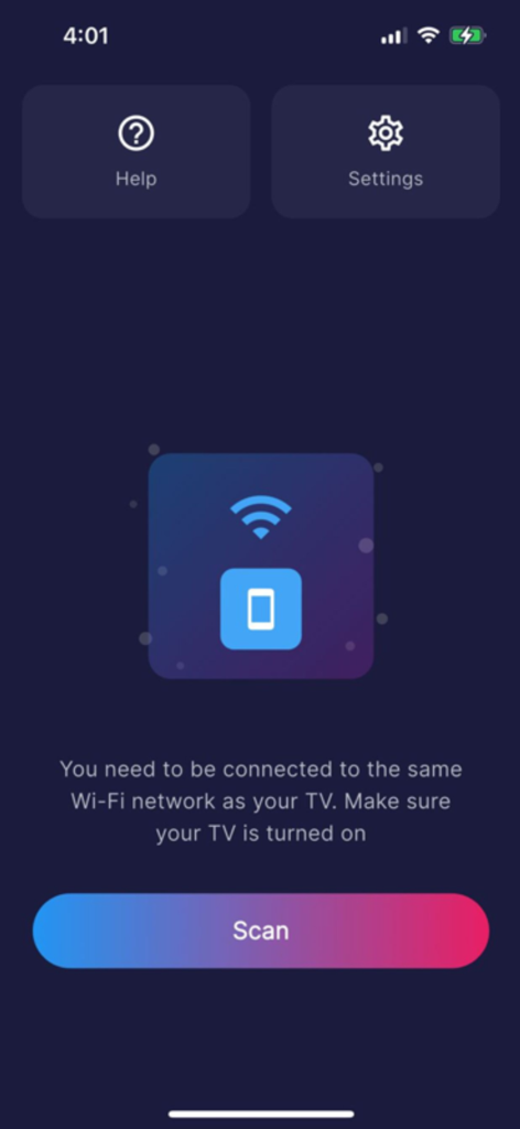 Remote control all TV - Pantalla de configuración de la aplicación Remote control all TV que muestra instrucciones para conectarse a la misma red Wi-Fi que el televisor.