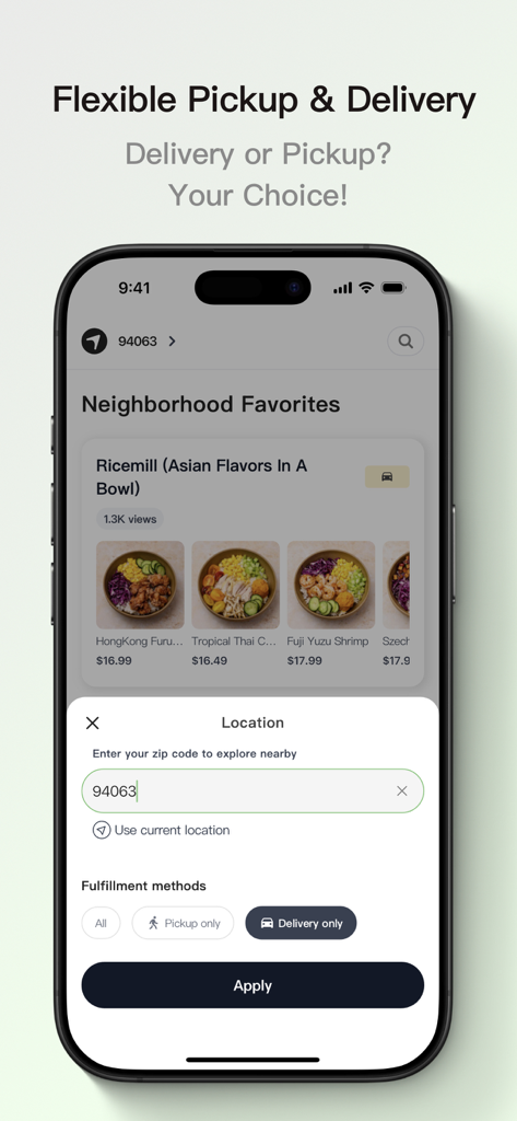 Airmart mobile app interface showing location settings and options for food delivery or pickup.