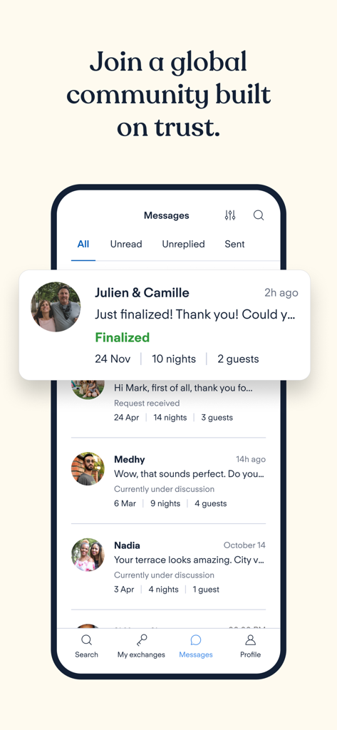 HomeExchange mobile app messaging screen displaying user chat conversations