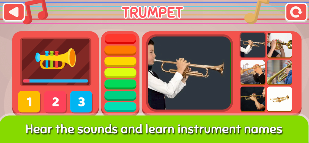 Musical Instruments Learn - Interfaz educativa de la aplicación Aprende Instrumentos Musicales que muestra fotos e ilustraciones de una trompeta para niños.