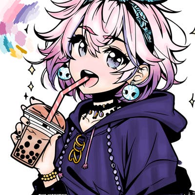 hot baddie anime girl drinking boba and biting the straw