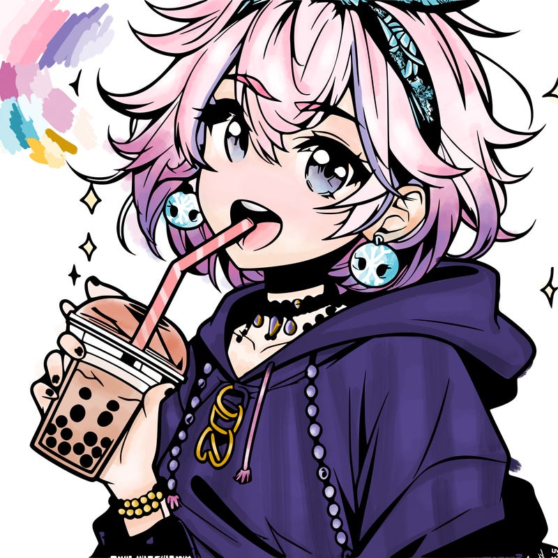 hot baddie anime girl drinking boba and biting the straw