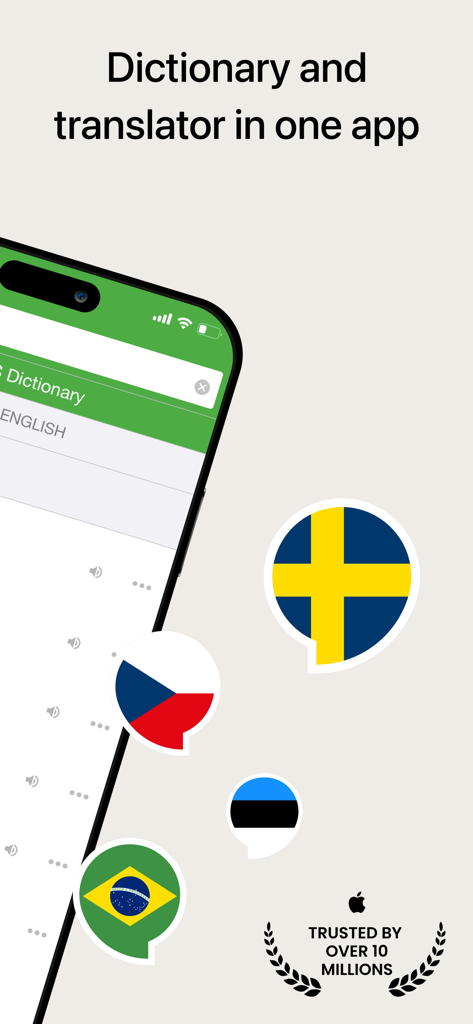 PONS Translate and Dictionary app interface with various national language flags and a trusted by millions badge