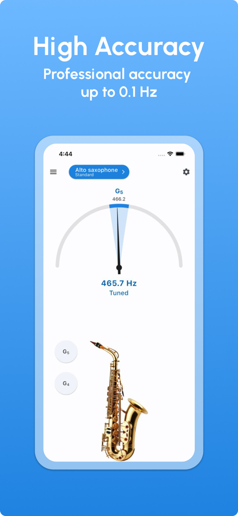 Saxophone Tuner - LikeTones - Saxophone Tuner app showing professional tuning accuracy of 0.1 Hz for an alto saxophone