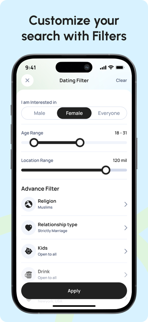 Olive: Dating, Friends, Events - Olive app dating filter screen with options for religion and relationship type