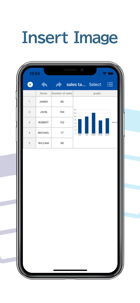 Table Notes Spreadsheet maker - L'app Table Notes mostra un foglio di calcolo con un grafico a barre inserito in una cella accanto ai dati di vendita.