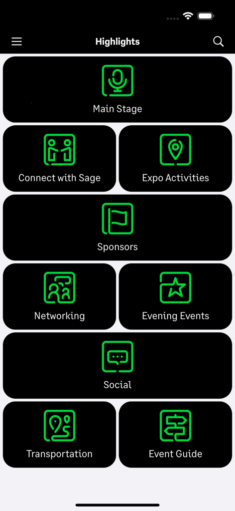 Sage Future Atlanta - Sage Future Atlanta app highlights dashboard with navigation tiles.