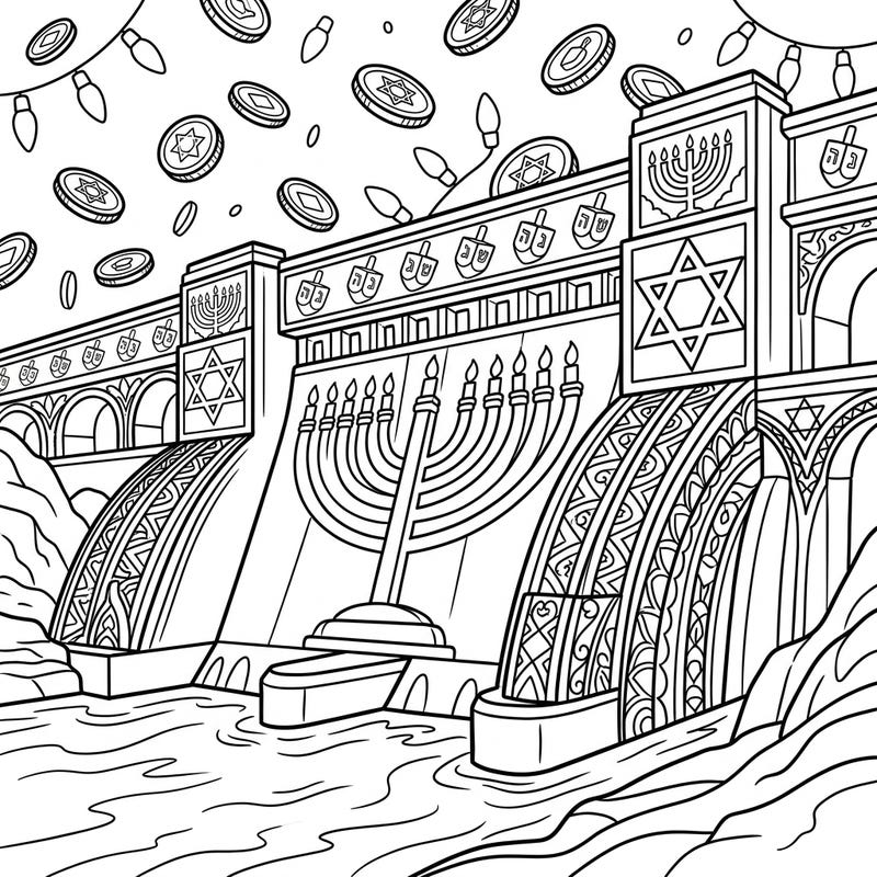 Dive into a creative Hanukkah celebration with this unique coloring page featuring a grand dam adorned with festive symbols. Designed for teens, it offers an engaging and intricate coloring experience with menorahs, dreidels, and falling gelt.