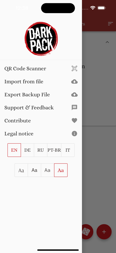 Vampire v5 Characters - Sidebar menu of the Vampire v5 Characters app with options for QR code scanning, file backups, language selection, and font size settings.