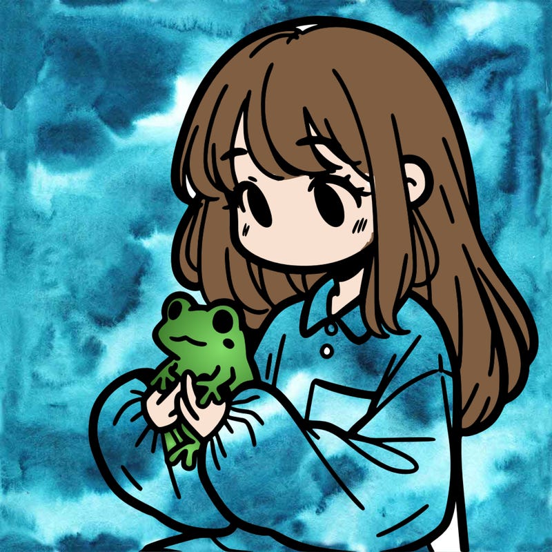 girl with long hair and a oversized shirt. and she is holding a frog