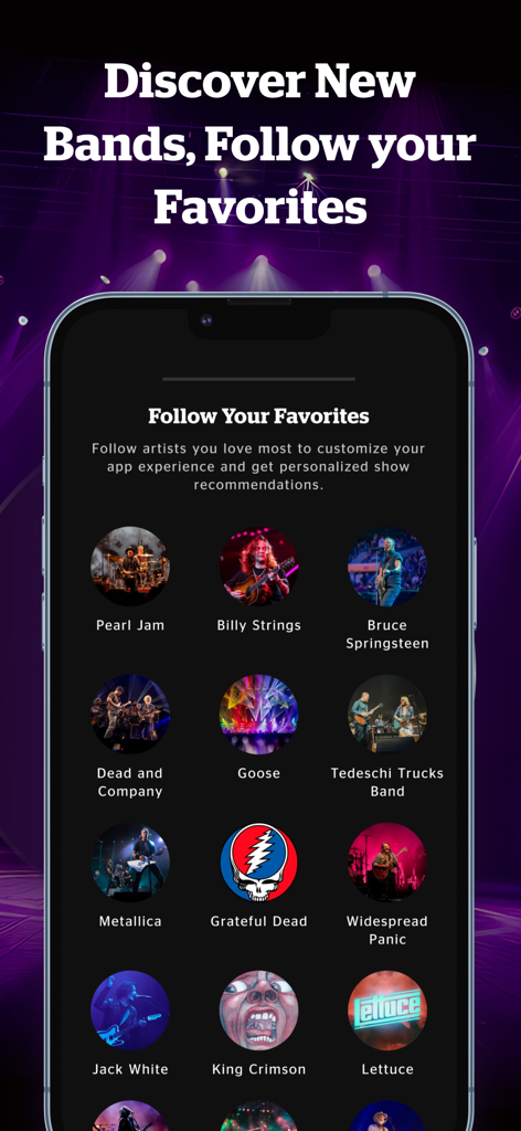 nugs: Live Music Lives Here - Smartphone screen showing the nugs app interface for following favorite bands and artists to get personalized concert recommendations.