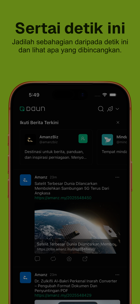 Interfaccia dell'app social Daun che mostra il feed di notizie e discussioni della community tech