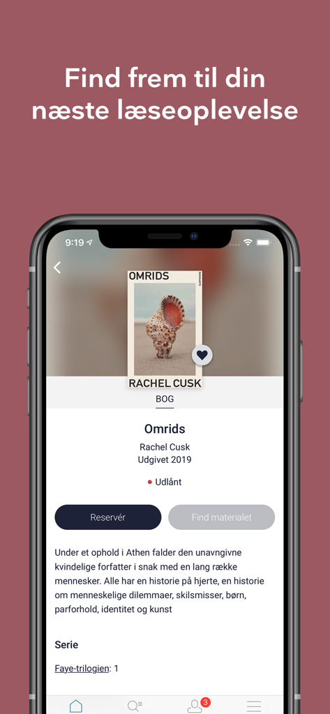 Biblioteket - Mobile app screen displaying book information and a reservation button for a library book.