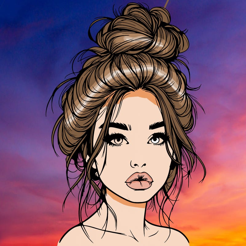 realistic girl with a messy bun and she has lips