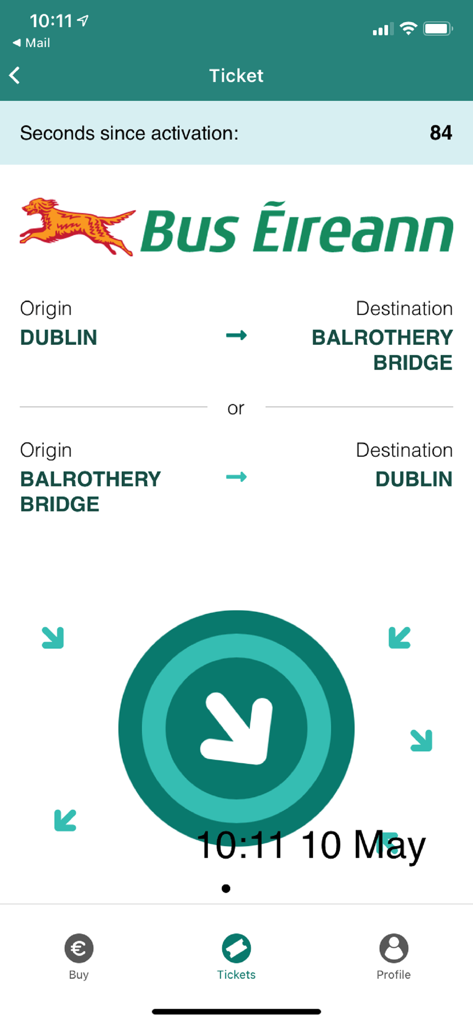 TFI Go - TFI Go mobile app screen displaying an active Bus Eireann digital ticket