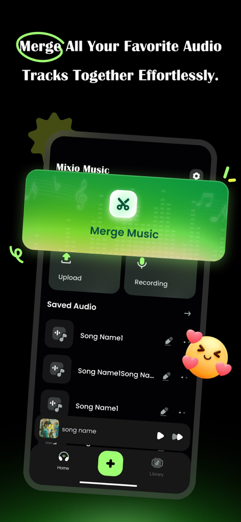 Mixio Music-Music Mixer - Mixio Music app interface showing the merge music feature and a list of saved audio tracks