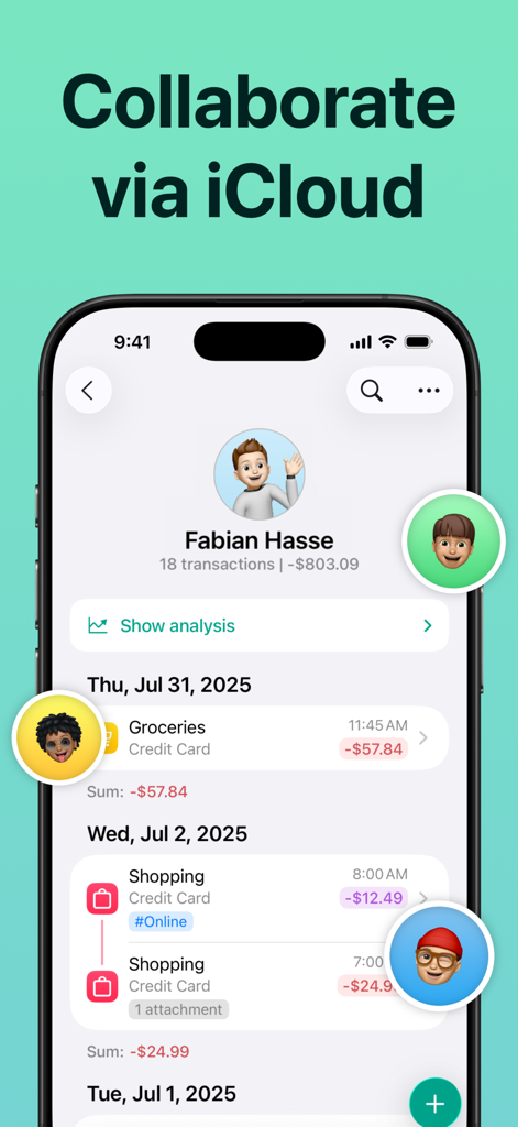Budget Flow | Expense Tracker - A mobile app interface displaying shared budgeting features and collaboration via iCloud with user avatars and transaction history.