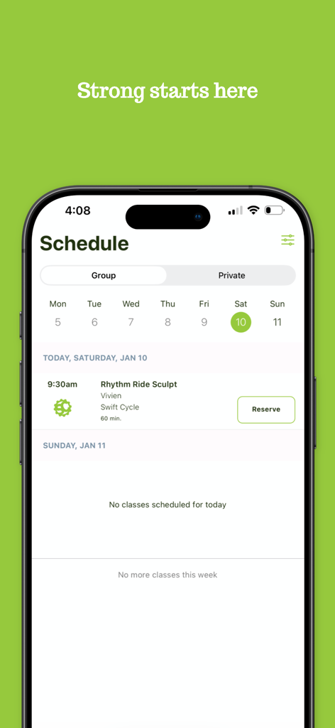 Swift Cycle Studio - Swift Cycle Studio Mobile App-Oberfläche, die den wöchentlichen Kursplan und Buchungsoptionen zeigt