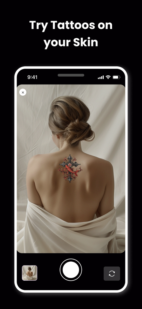 AI Tattoo Generator: Designs - Smartphone screen showing an augmented reality preview of a cross and fish tattoo on a woman's back