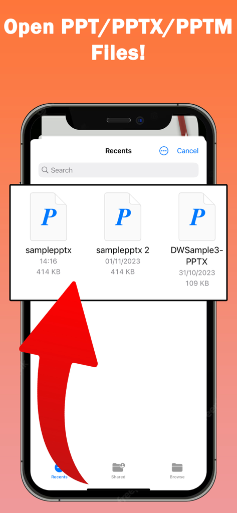 Interface do aplicativo móvel mostrando arquivos PPTX abertos recentemente prontos para visualização ou conversão.